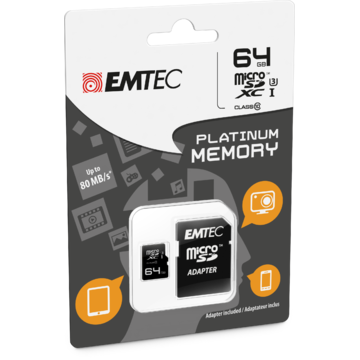 Card memorie EMTEC ECMSDM64GXC10PL, microSDXC 64GB clasa 10 Platinum + adaptor SD