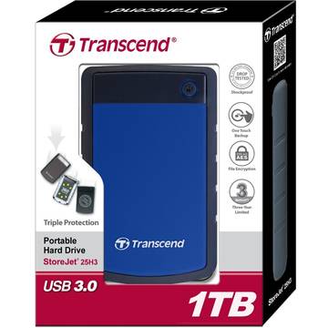 Hard disk extern Transcend 25H3B 2.5'' 1TB USB3, sistem cu tripla protectie la soc