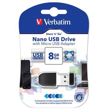 Memorie USB Verbatim Memorie USB Nano Store n Go, 8 GB, USB 2.0  + adaptor micro USB