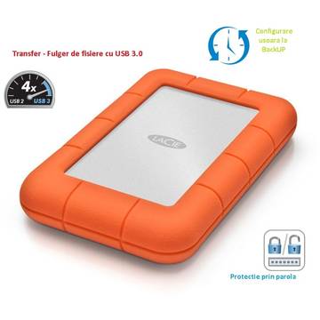 Hard disk extern LaCie Rugged Mini, 1 TB, 2,5'' USB3.0, 5400RPM, rezistent la soc