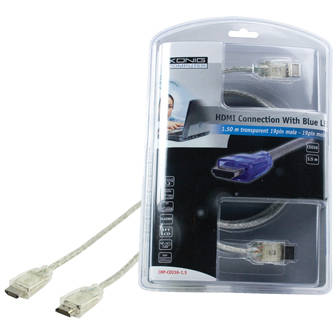 Cablu HDMI tata <-> HDMI tata Transparent + LED albastru 1.5m Konig