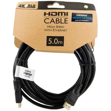 4World Cablu HDMI - HDMI High Speed cu Ethernet (v1.4), 3D, HQ, negru, 5m
