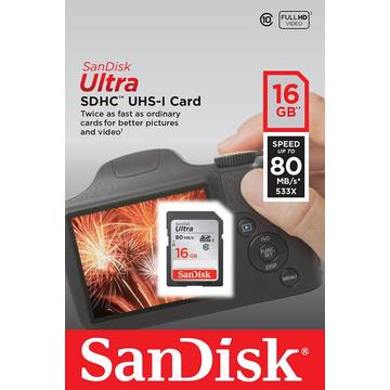 Card memorie SDHC SDSDUNC-016G-GN6IN, SanDisk Ultra, 16GB, Class 10, UHS-I, Read: up to 80MB/s