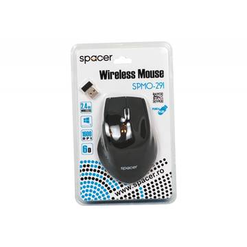 Mouse WIRELESS SPACER  2.4GHz, 6D, cauciucat, scroll metalic, black SPMO-291
