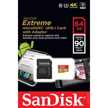 Card memorie SanDisk Extreme microSDXC 64GB 90MB/s, UHS-I, mobile, +Adapter