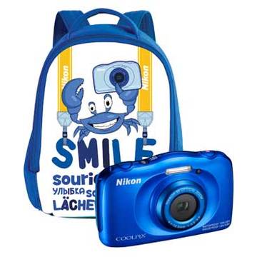 Aparat foto digital Nikon Coolpix W100, 2.7 inch, 13.2 MP, zoom 3x, albastru, cu rucsac