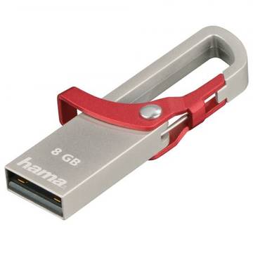Memorie USB Hama Hook-Style Memorie USB 123919, 8GB, USB 2.0, Metalic, Rosu