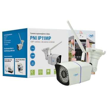 Camera de supraveghere video PNI IP11MP PNI-WF11MP, 720p, wireless, cu IP de exterior si interior pentru wifi400, alb