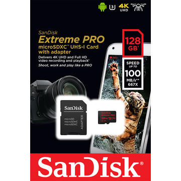 Card memorie SANDISK EXTREME PRO microSDXC SDSQXCG-128G-GN6MA, 128GB, 100/90 MB/s, A1, C10 ,V30, UHS-I U3