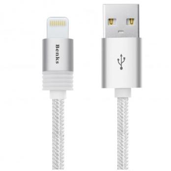 Benks Cablu Premium Lightning USB 1 metru Nylon Beehive Apple official MFi  ARGINTIU