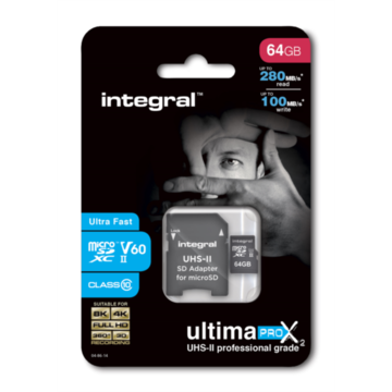 Card memorie Integral microSDXC 280-100MB UHS-II V60 + Adaptor SD, 64GB