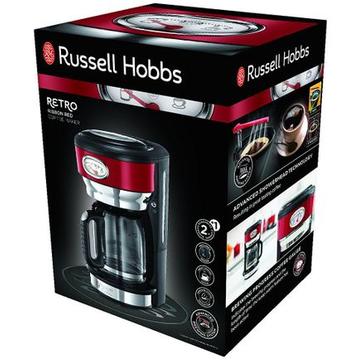 Cafetiera Russell Hobbs Retro Ribbon Red 21700-56, 1000 W, 1,25 l, Tehnologie avansata cu dus, Functie pause and pour, Mentinere la cald, Rosu/Inox