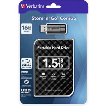 Hard disk extern Verbatim Store N Go 1.5TB USB 3.0 + 16GB USB Stick 2.0