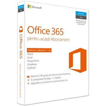 Suita office Microsoft Office 365 Home 32/64 bit Romana Subscriptie 1 an - 5 utilizatori pentru PC/Mac Telefon si Tableta 6GQ-00798