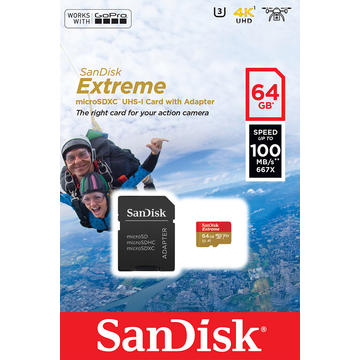 Card memorie SANDISK EXTREME microSDXC SDSQXAF-064G-GN6AA, 64 GB, 100/60 MB/s, A1, C10 V30 UHS-I U3 - GoPro