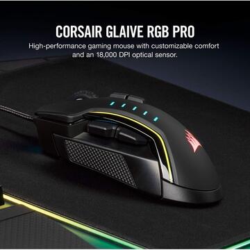 Mouse Corsair GLAIVE RGB PRO, RGB LED, USB Optic  18000 dpi Negru