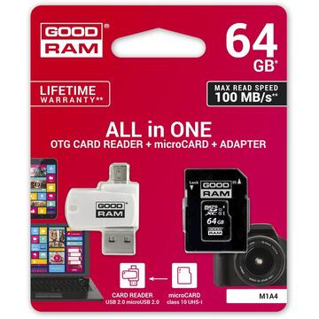 Card memorie GOODRAM All in one MicroSDHC UHS-I 64GB Clasa 10 Adaptor + card reader M1A4-0640R12