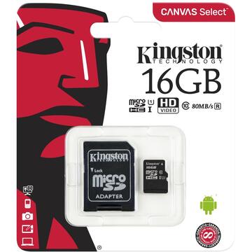 Card memorie cu adaptor Kingston Canvas Select Plus SDCS2/16GB (16GB; Class 10, Class U1, V10; + adapter)