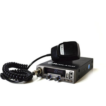 Statie radio Pachet statie radio CB Midland M10, ASQ, 4W, 12V, port USB + Antena PNI S75 cu cablu si montura fixa
