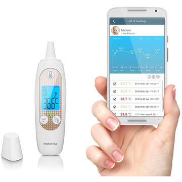 Termometru digital inteligent Motorola Smart Ear MBP69SN, pentru corp, aplicatie dedicata, cu istoric masuratori si indicator LED