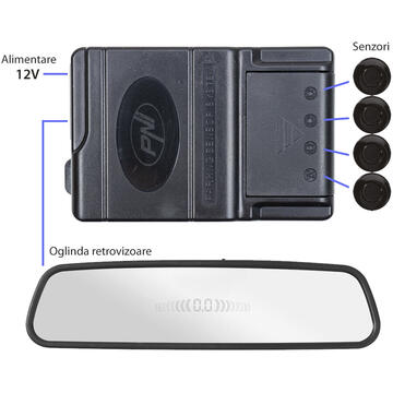 Senzori parcare PNI Escort P03 B cu afisaj in oglinda,  cu 4 receptori ultrasonici, culoare neagra, 25 mm, 12V