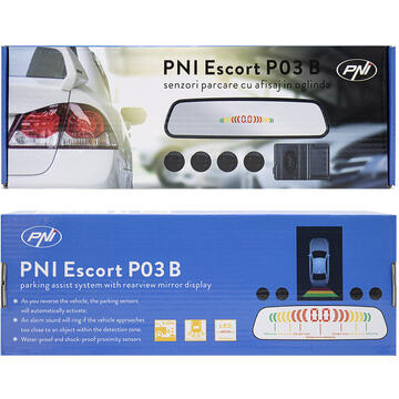 Senzori parcare PNI Escort P03 B cu afisaj in oglinda,  cu 4 receptori ultrasonici, culoare neagra, 25 mm, 12V