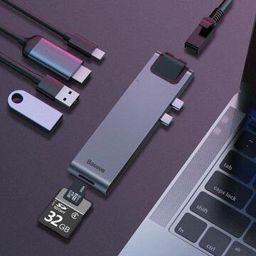 Adaptor HUB Baseus Thunderbolt, Apple Macbook, 7 in 1, 2 x USB/USB-C/HDMI/SD/MicroSD, Argintiu