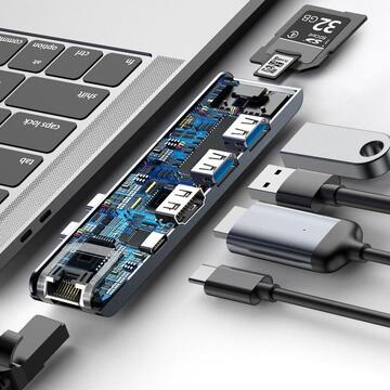Adaptor HUB Baseus Thunderbolt, Apple Macbook, 7 in 1, 2 x USB/USB-C/HDMI/SD/MicroSD, Argintiu