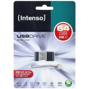 Memorie USB Intenso USB 64GB 20/35 Slim Line black USB 3.0, Citire 35 MB/s, Scriere 20 MB/s