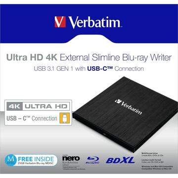 Verbatim External Ultra HD 4K External Blu-ray 4k Retail USB-C® USB 3.2 (Gen 1) Negru