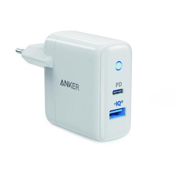 Incarcator de retea Anker PowerPort PD+ 2, USB-C, USB, 30W, Alb