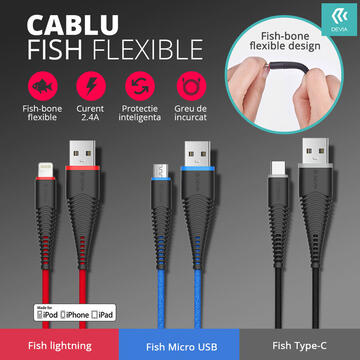 Devia Cablu Fish Type-C Black (1.5m, impletitura nylon, 2.4A)-T.Verde 0.1 lei/ buc