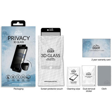Eiger Folie Sticla 3D Privacy iPhone 8 plus / 7 plus / 6s plus Black (0.33mm, 9H, case friendly, curved, oleophobic)