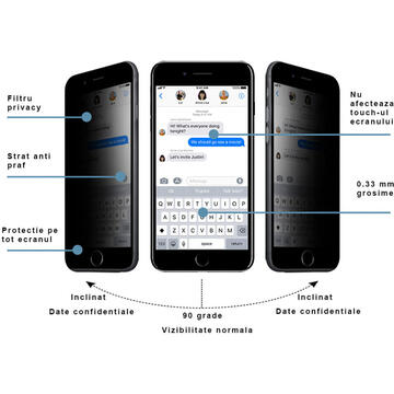 Eiger Folie Sticla 3D Privacy iPhone 8 plus / 7 plus / 6s plus Black (0.33mm, 9H, case friendly, curved, oleophobic)