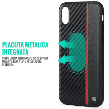 Husa Meleovo Husa Carbon iPhone XS / X Black &amp; Red (placuta metalica integrata)
