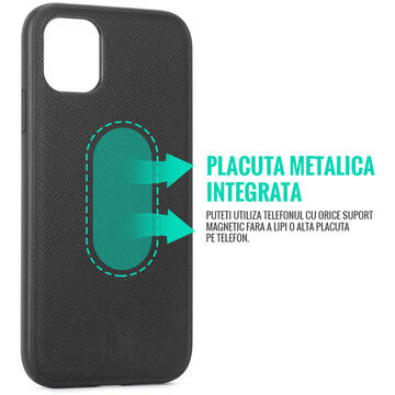 Husa Meleovo Husa Saffiano Magnetic iPhone 11 Pro Black (placuta metalica integrata)