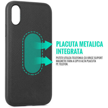 Husa Meleovo Husa Saffiano Magnetic iPhone XS / X Black (placuta metalica integrata)