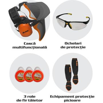 Ruris Kit motocoasa, casca multifunctionala, ochelari, 3 role de fir, set protectie picioare