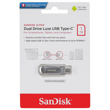 Memorie USB SanDisk Ultra® Luxe Dual Drive 1TB, USB 3.1/USB Type-C, Metal