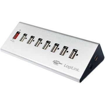 HUB extern LOGILINK, porturi USB: USB 2.0 x 7, Fast Charging Port, conectare prin USB 2.0, alimentare retea 220 V, argintiu, "UA0225"