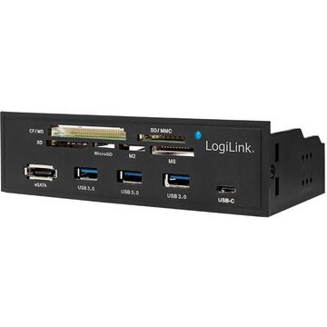 HUB intern LOGILINK, porturi USB: USB 3.0 x 3, USB Type C, conectare prin USB 2.0, S-ATA, alte porturi: SD, MicroSD, M2, MS, XD, CF, eSATA, negru, for 5.25" bay, black,"UA0341" (include timbru verde 0.5 lei)