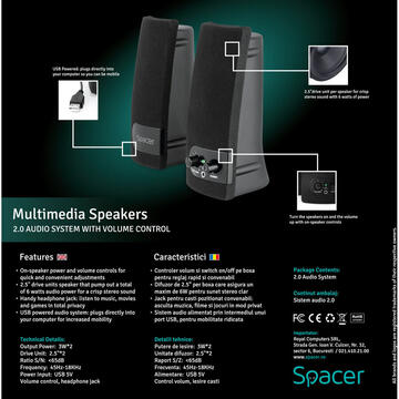 BOXE SPACER 2.0, RMS:  6W (2 x 3W), control volum, mufa casti, USB power, black, "SPB-216"(include timbru verde 0.5 lei)/43501556