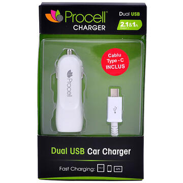 Procell Incarcator Auto Dual 2.1 USB Alb cu cablu Type-C-T.Verde 0.1 lei/buc