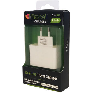 Incarcator de retea Procell Incarcator Retea 2.1A Dual USB iPhone 6/5S Lightning (cablu MFI)-T.Verde 0.1 lei/buc