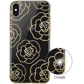Husa Devia Carcasa Camellia iPhone XS / X Gold (cu cristale, electroplacat, protectie 360°)