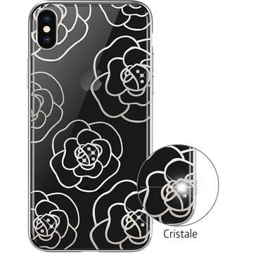 Husa Devia Carcasa Camellia iPhone XS Max Silver (cu cristale, electroplacat, protectie 360°)