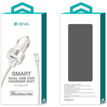 Devia Incarcator Auto 2.4A Smart Series Dual USB Lightning (MFI) White (cablu detasabil inclus)-T.Verde 0.1 lei/buc