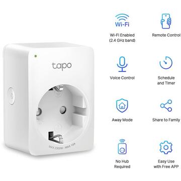 TP-LINK Tapo P100(2-pack) Schuko x 1, conectare prin Schuko (T), 10 A, programare prin smartphone, Bluetooth, WiFi, alb