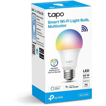 BEC LED Tapo L530E wireless TP-LINK, 800lm, 8.7W, E27, intensitate reglabila, control prin smartph.cu apl.Kasa, ajustare automata a luminii in fct. de momentul zilei, lumineaza in diferite culori