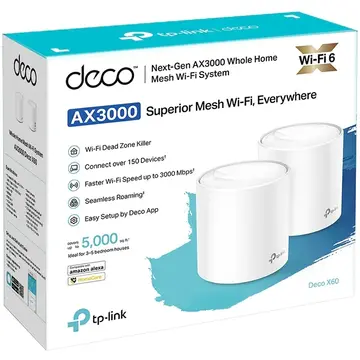 Router wireless TP-LINK Deco X60 AX3000 Wi-Fi 6 Whole-Home Mesh System 2-pack Quad-core CPU 2x GE RJ45 4xint.antennas MU-MIMO